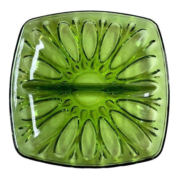 Vintage Indiana Glass Avacado Divided Nut Fruit Dish Candy 7" MCM Retro Design - Picture 2 of 6